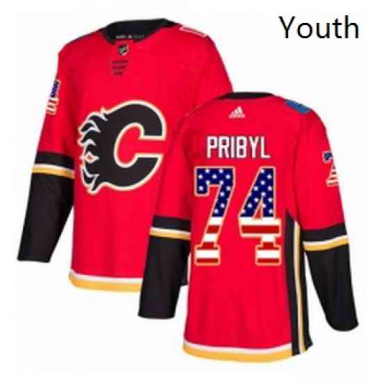 Youth Adidas Calgary Flames 74 Daniel Pribyl Authentic Red USA Flag Fashion NHL Jersey